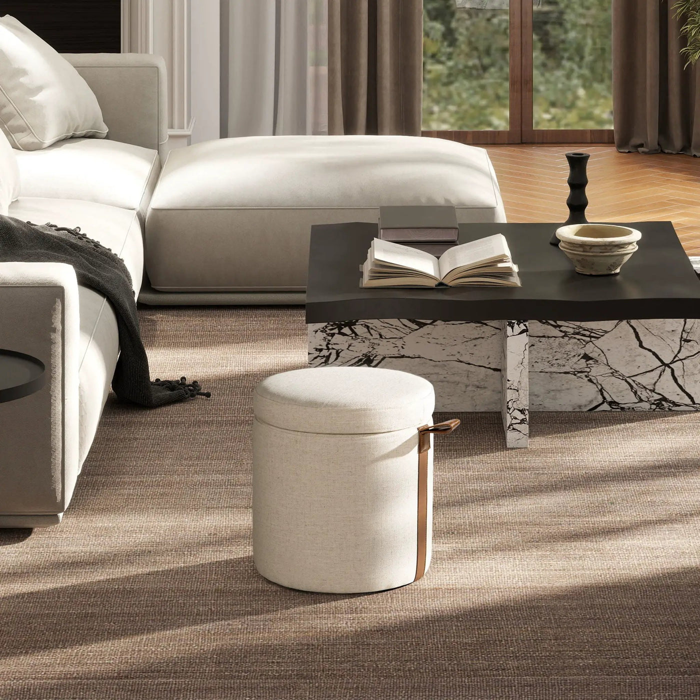 Brandy - Round Upholstered Storage Ottoman With Accent by HouseOfZazla