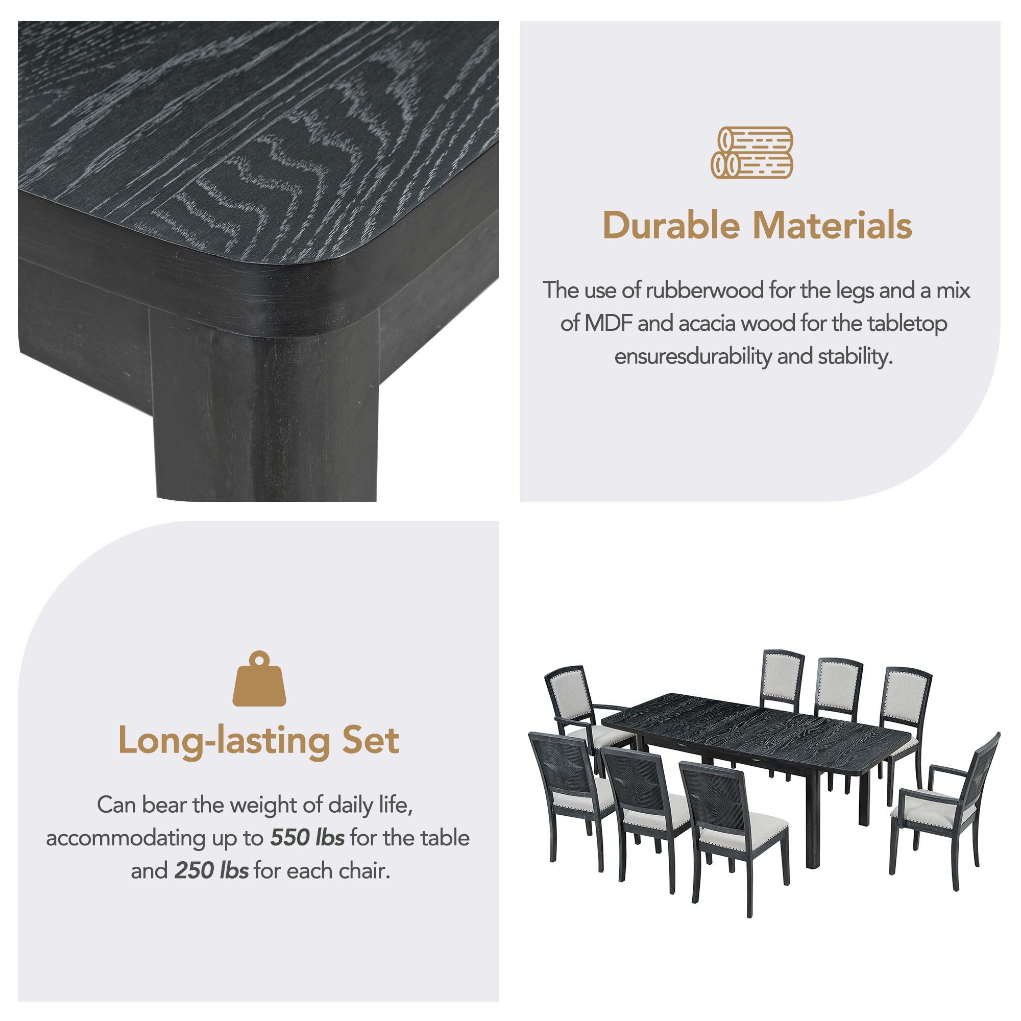 Topmax - Rustic Extendable Dining Table Set With Removable Leaf, 6 Upholstered Armless Dining Chairs And 2 Padded Arm Chairs, 9 Pieces by HouseOfZazla