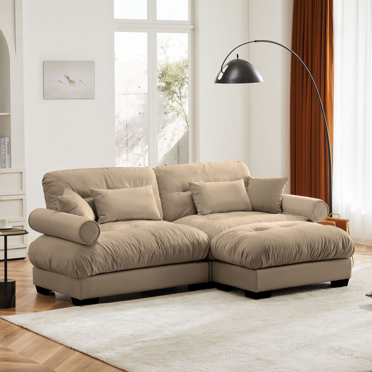 Modern Sectional Sofa With Ottoman, Round Bolster Armrests, Waist And Throw Pillows, photo 33 of 35