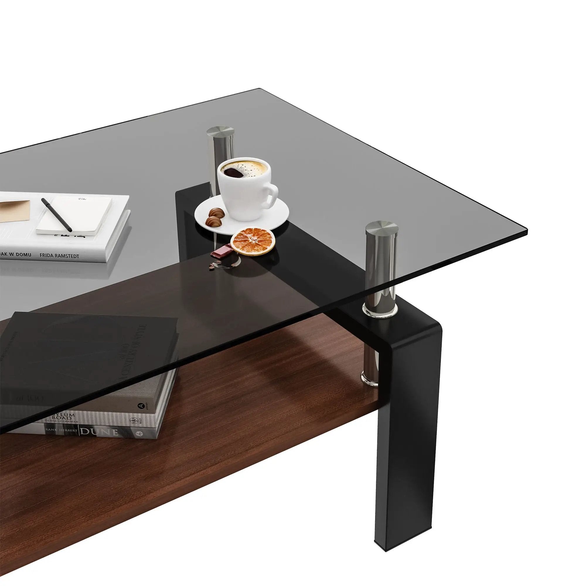 Modern Rectangular Coffee Table With Tempered Transparent Glass Top And Storage Shelf by Unique Piece Furniture