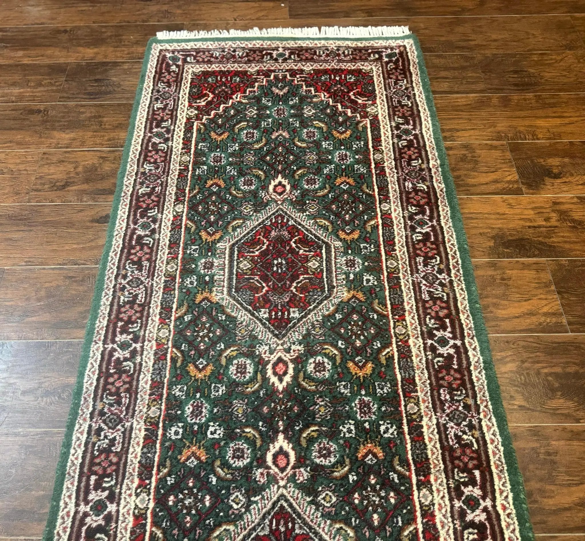 Green Indo Persian Bidjar Runner Rug 3x10, Green and Red by Jewel Rugs