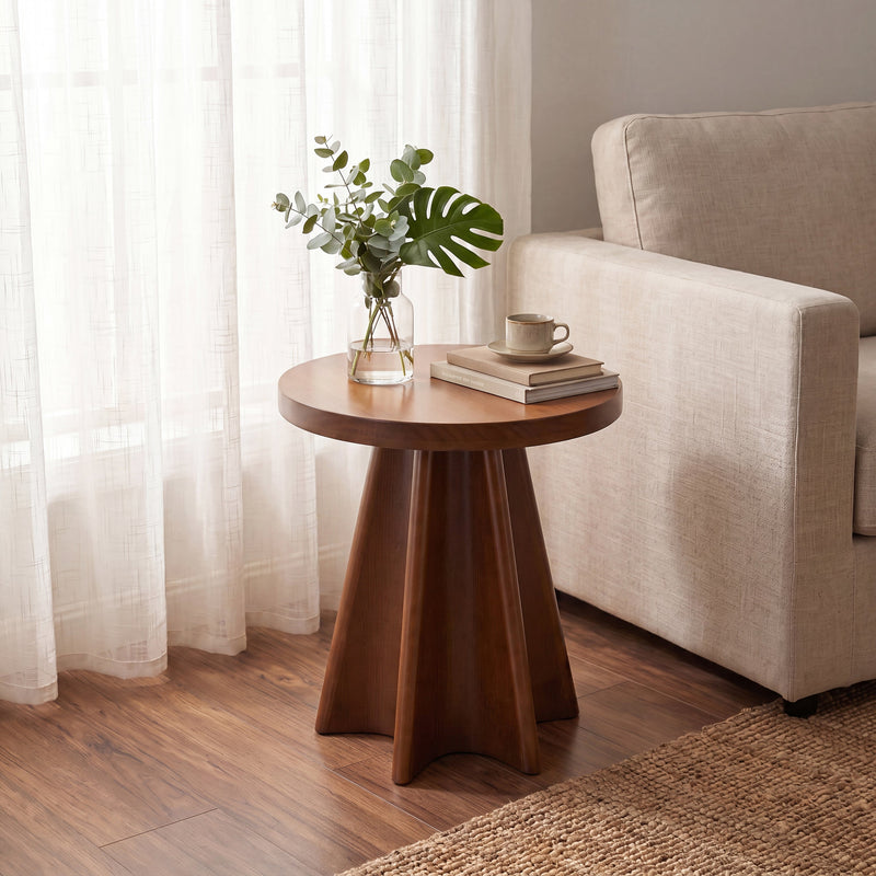 Flower Shaped Solid Pine Round Side Table with Artistic Petal Base - Walnut, photo 2 of 9