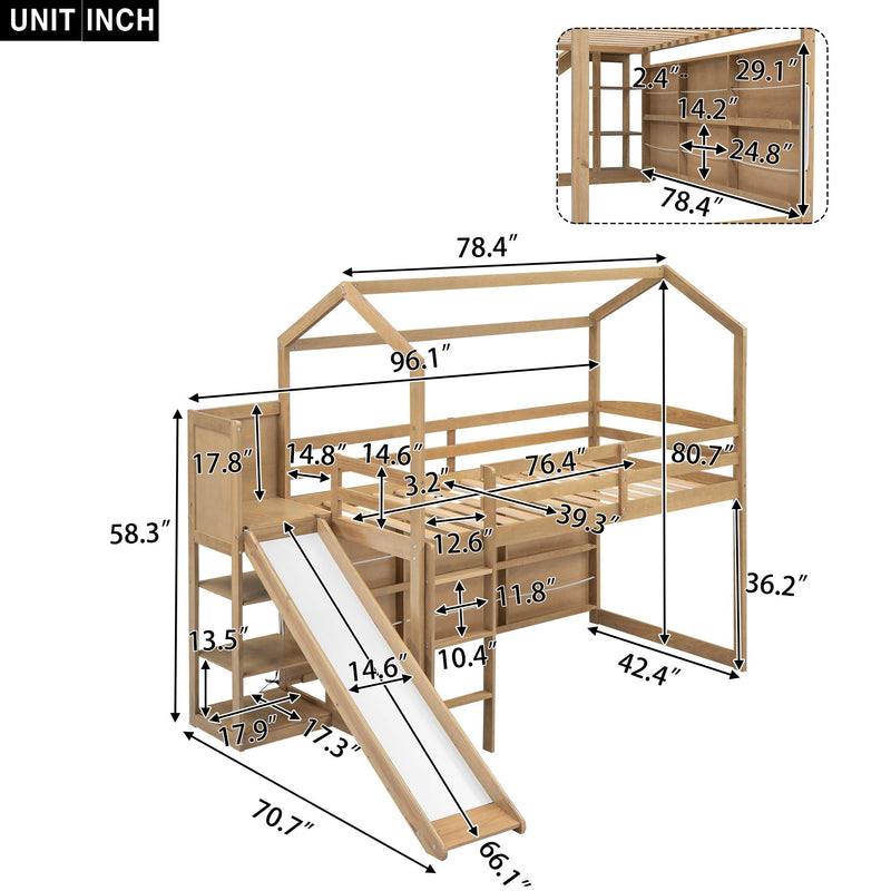 House Loft Bed With Slide, Storage Shelves And Light, Climbing Ramp by Unique Piece Furniture