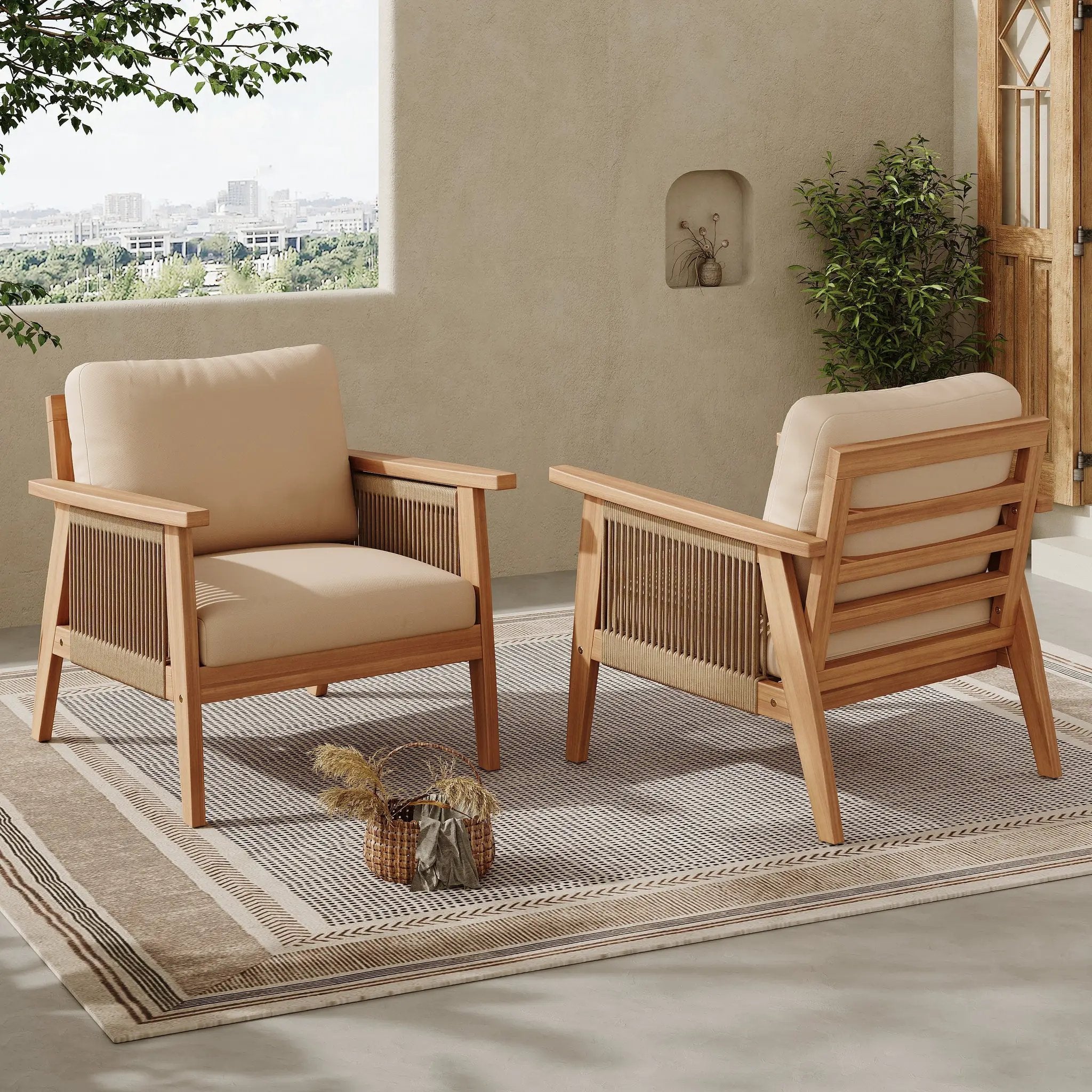 Outdoor Acacia Wood and Rope Patio Chair with Cushions (Set of 2) by HouseOfZazla