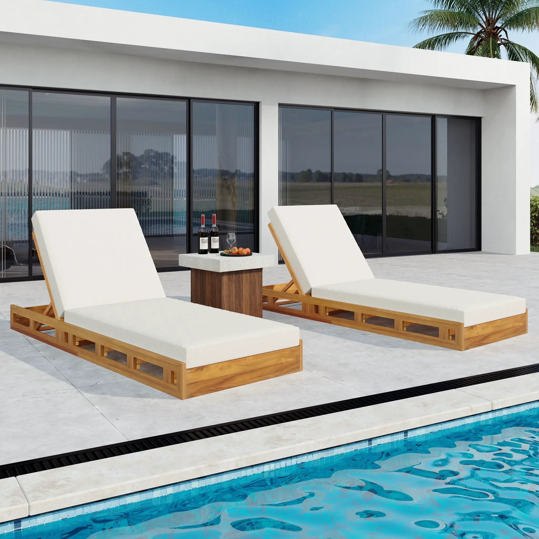 Premium Acacia Wood Lounge Chaise Set With Water Resistant Cushions, Adjustable Recline - Cream / Teak by HouseOfZazla