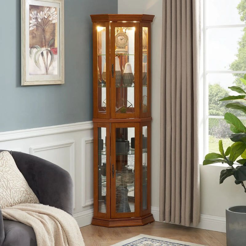 Corner Curio Cabinet With Lights, Adjustable Tempered Glass Shelves, Mirrored Back, Display Cabinet (E26 Light Bulb Not Included) by HouseOfZazla