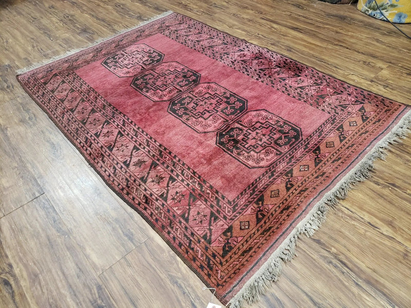 Antique Bukhara Area Rug, Vintage Afghan Bokhara Bashir Rug, 4x6 Hand-Knotted Oriental Carpet, Red & Black Wool Rug, 4' x 5'9 by Jewel Rugs