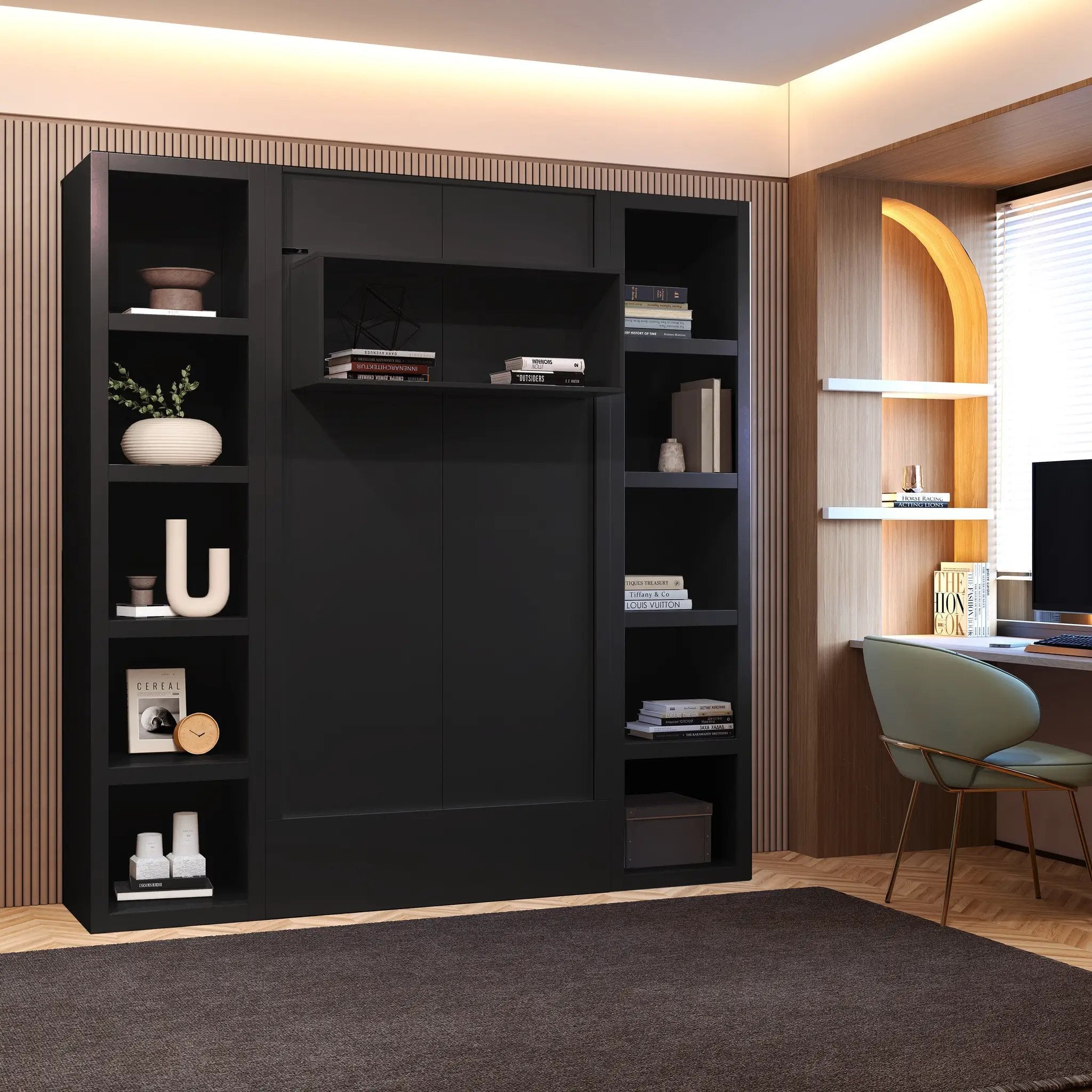 Easy-Lift Twin Murphy Wall Bed in Black with Two Bookshelves by Sharicks
