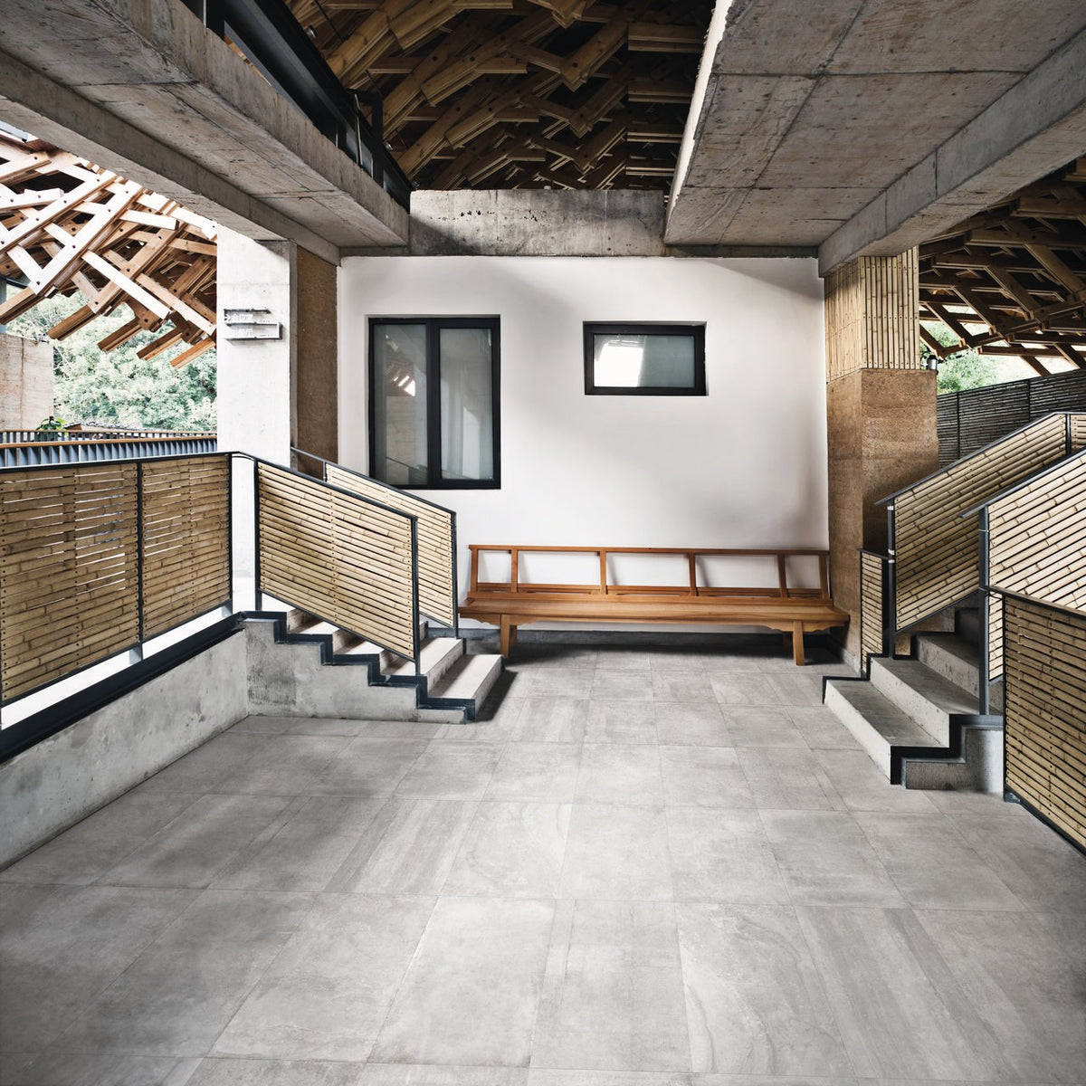 Ecocrete Aqua Honed Concrete Look Porcelain Tiles 12x24 installed in a living room