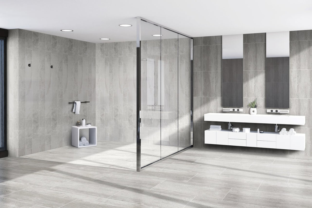 Ecocrete Aqua Honed Concrete Look Porcelain Tiles 18x36 installed in a bathroom