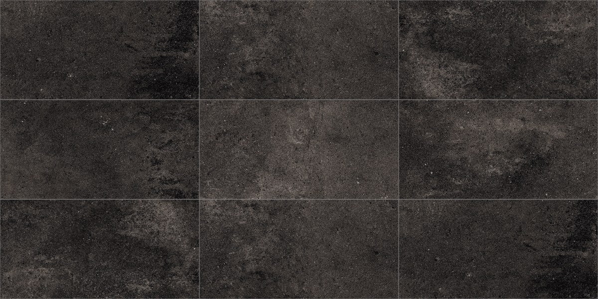 Ecocrete Weathered Black Honed Concrete Look Cove Base Porcelain Trim 6x12, several pieces laid together, view 2