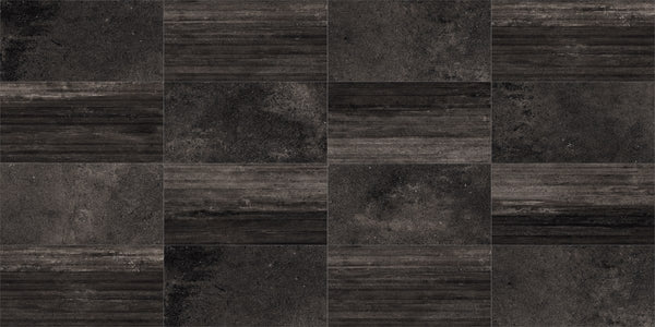 Ecocrete Weathered Black Honed Concrete Look Cove Base Porcelain Trim 6x12, several pieces laid together