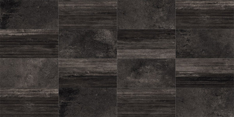 Ecocrete Weathered Black Honed Concrete Look Cove Base Porcelain Trim 6x12, several pieces laid together
