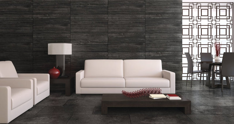 Ecocrete Weathered Black Honed Concrete Look Cove Base Porcelain Trim 6x12 installed in a living room, view 3