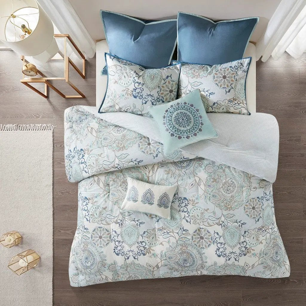 8 Piece Cotton Floral Printed Reversible Comforter Set Blue by HouseOfZazla
