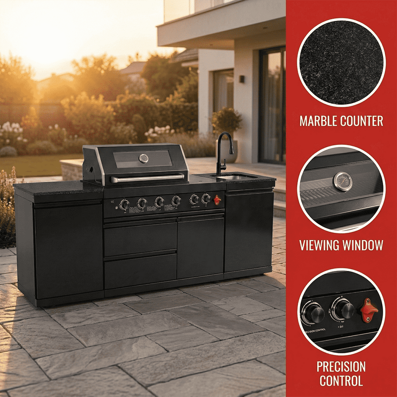 85" 4-Burner 85,000 BTU Black Outdoor Kitchen Island Grill + Storage Cabinets + Sink by Chery Industrial