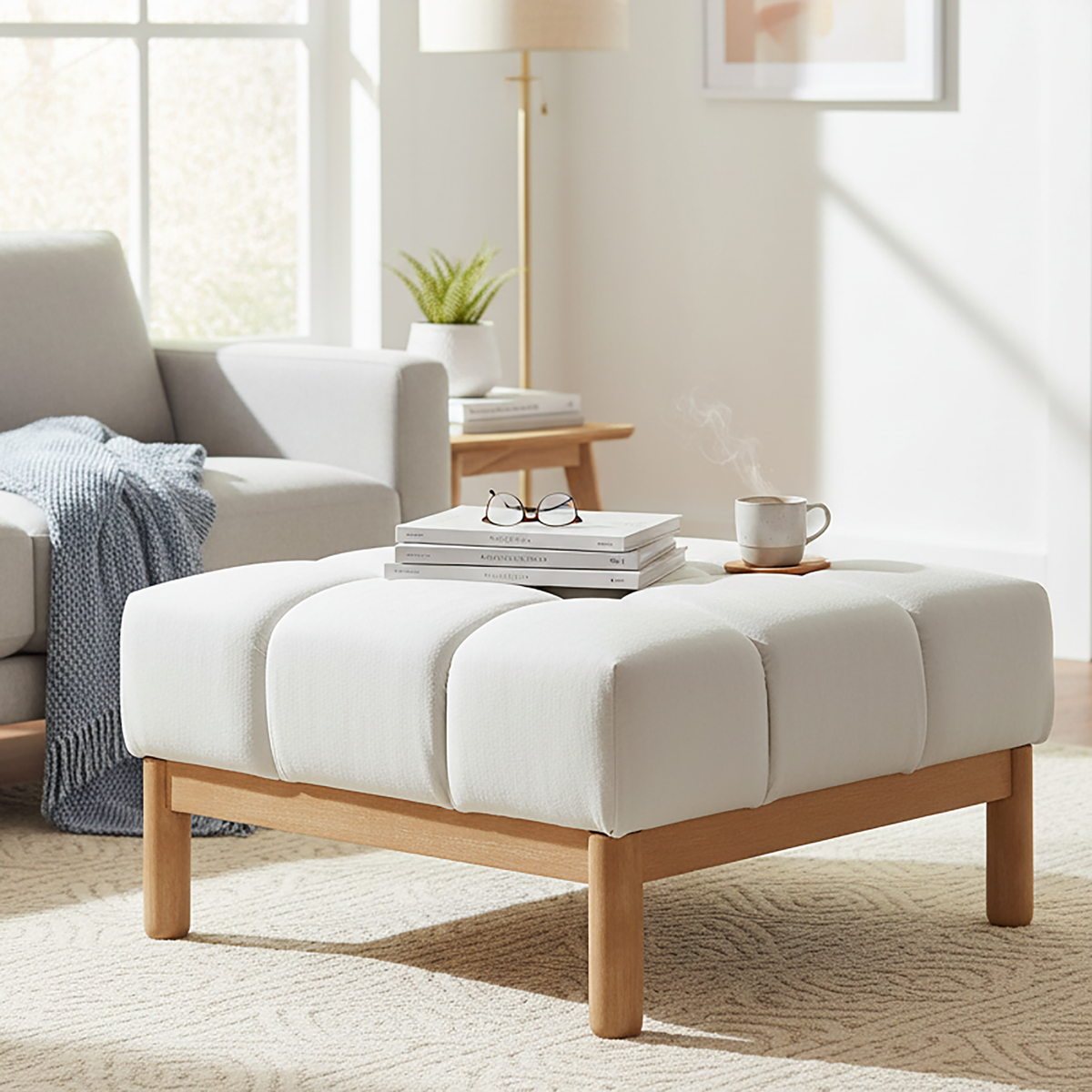 Modern Upholstered Deep Biscuit-style Tufted Ottoman with Square Profile - Gray or White, photo 2 of 10