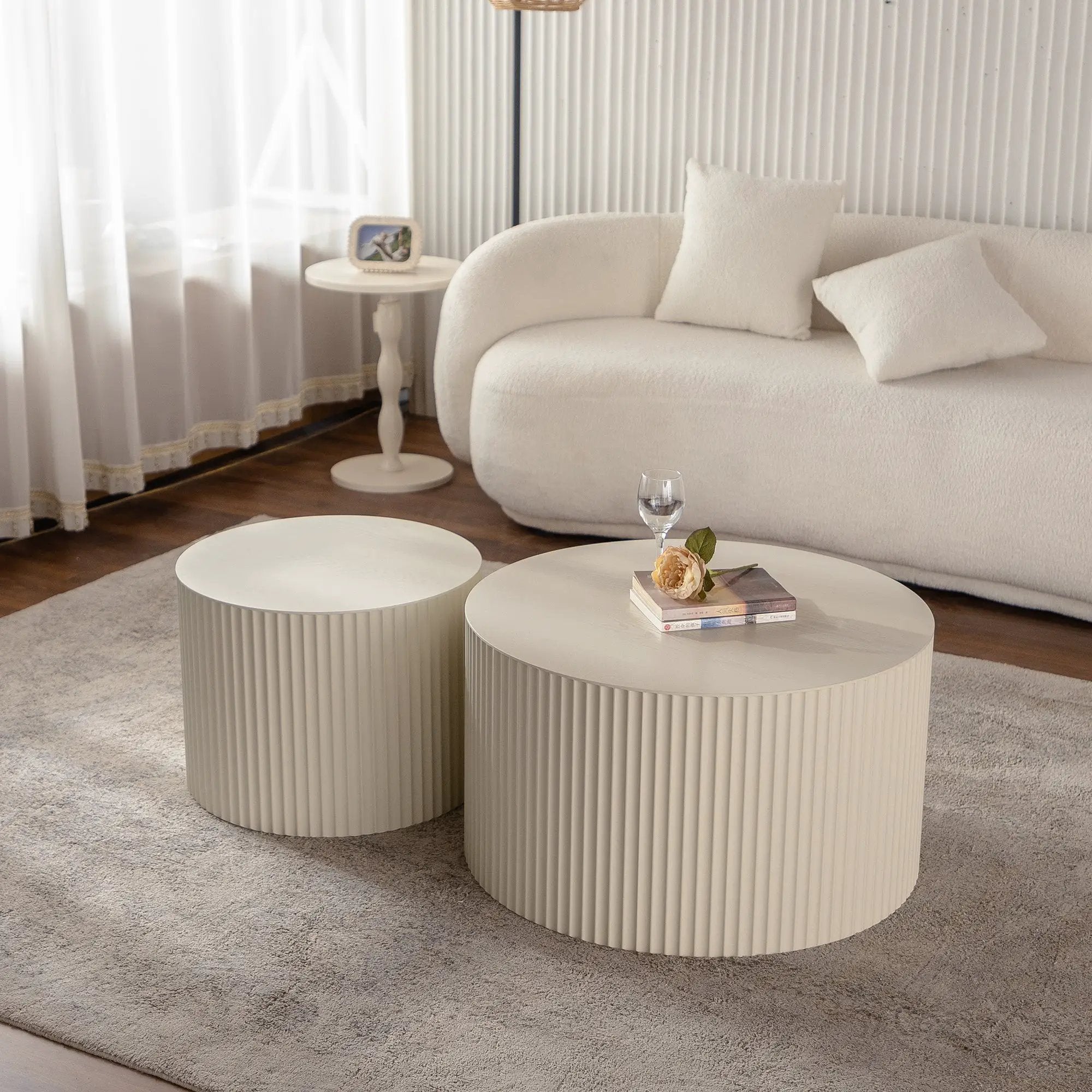Beige Nesting Coffee Table Set of 2 Modern Drum Side Tables by HouseOfZazla