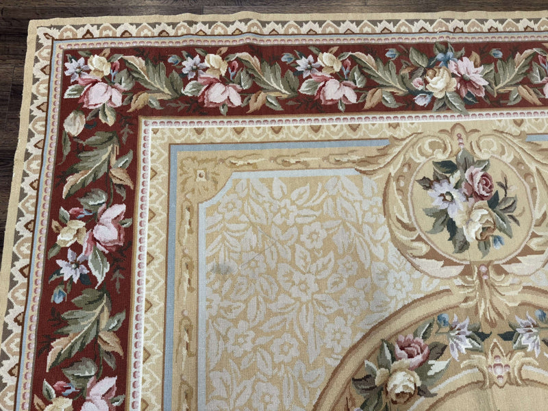 Needlepoint Rug 8x10, Aubusson Savonnerie European Carpet, Floral, Elegant by Jewel Rugs