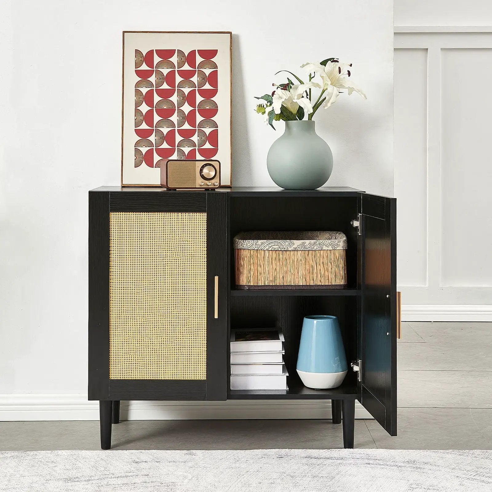 Side Panel Buffet Cabinet With Natural Rattan Door, Rattan Storage Cabinet With Adjustable Shelves, Side Panel And Buffet With Storage Space, Modern Console Cabinet In Bedroom And Living Room - Black / Beige by HouseOfZazla