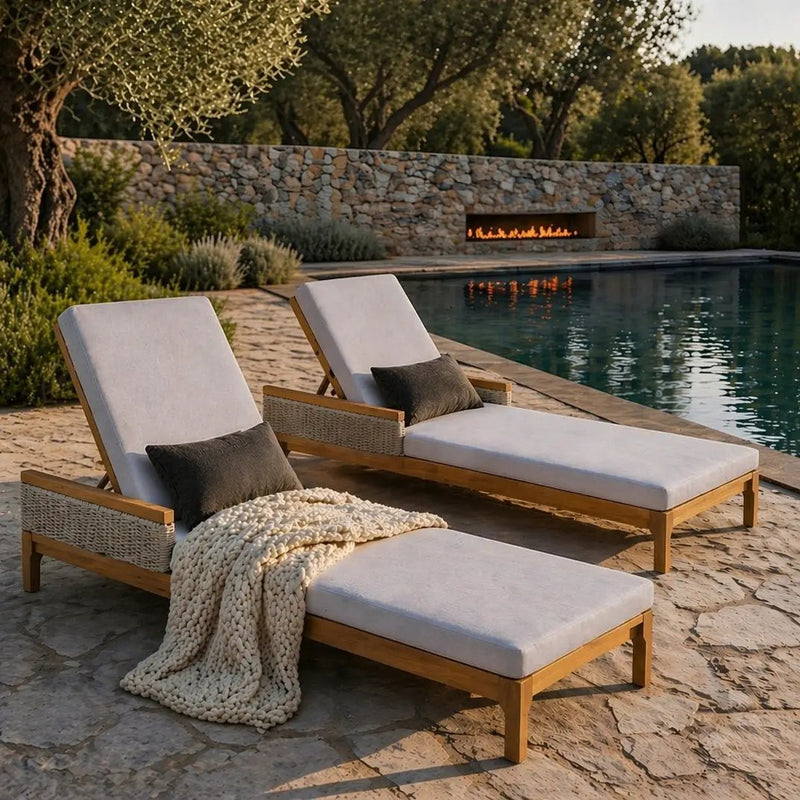 76.8" Solid Acacia Wood Sun Lounger Set of 2 with Grey Cushions by HouseOfZazla
