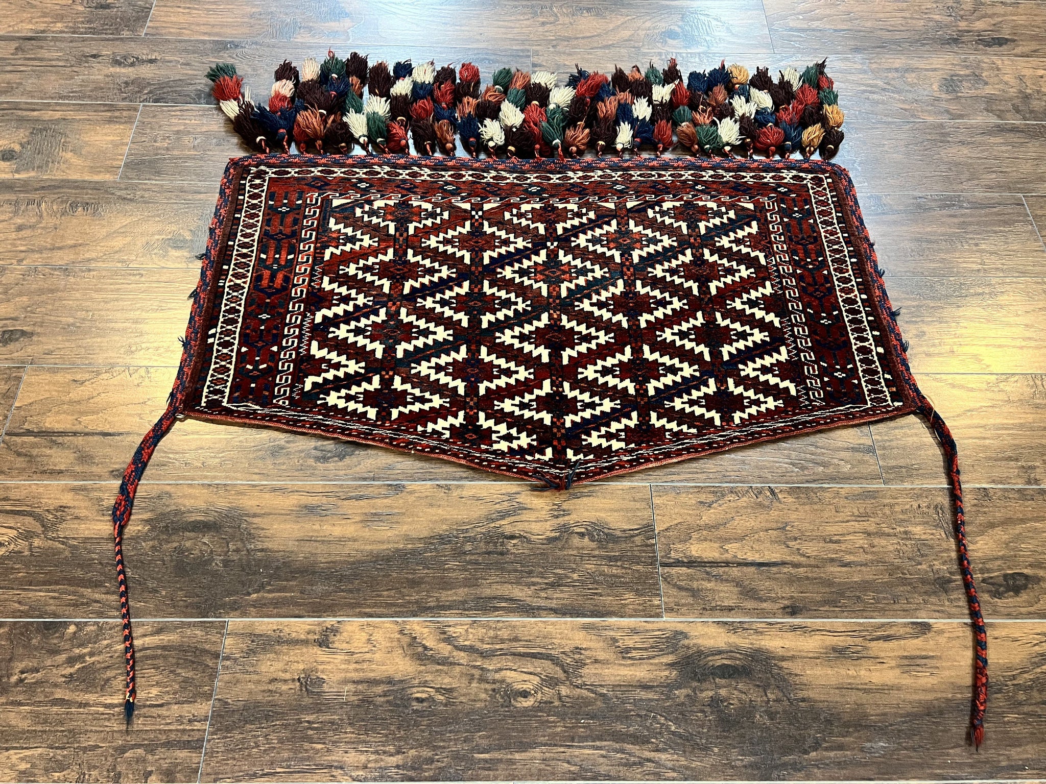 Antique Turkoman Camel Trapping, Turkoman Asmalyk, Red Black Ivory, Handmade, Hand Knotted Tribal Collectible Rug, Rare by Jewel Rugs