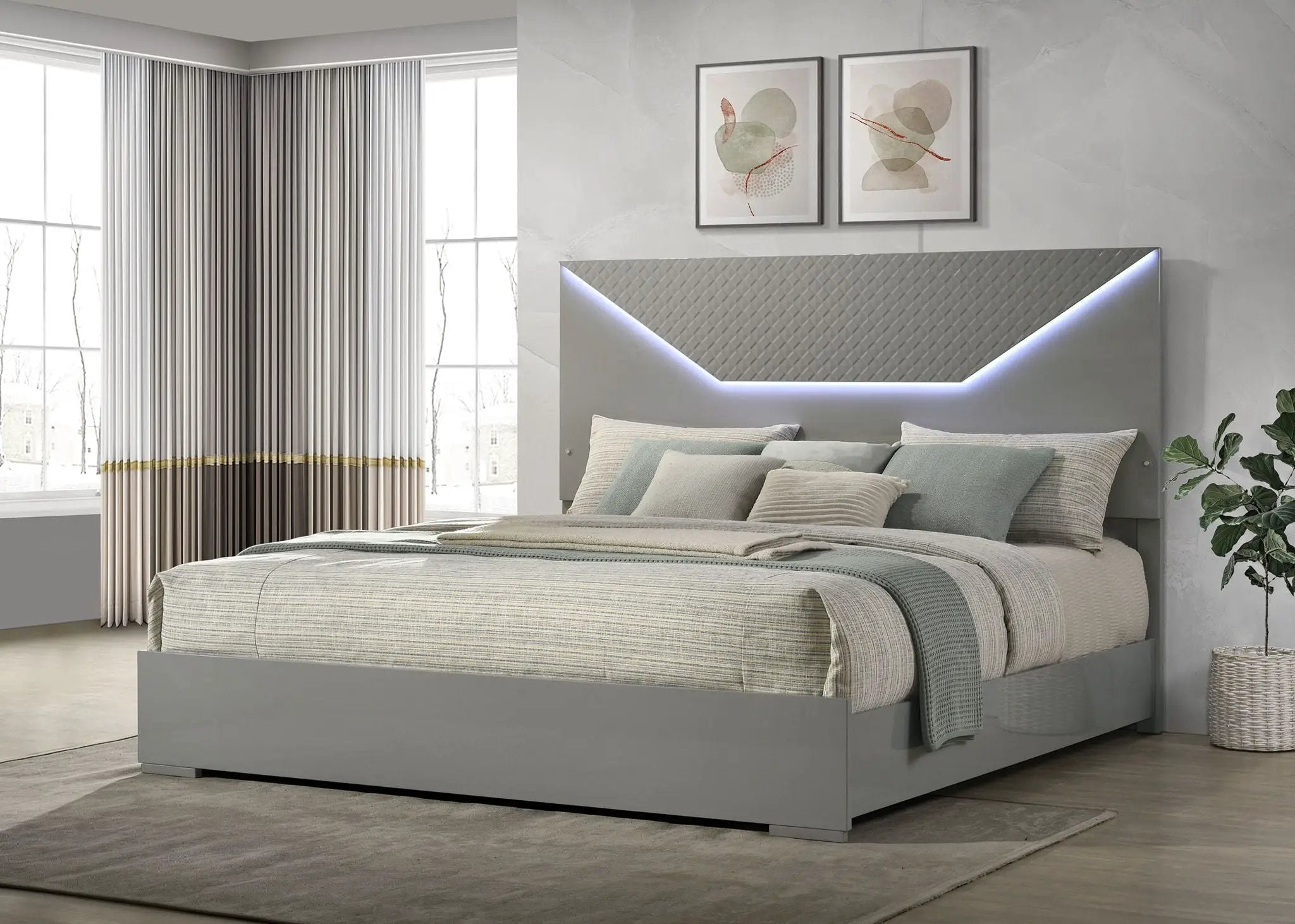 Ives Eastern King Panel Bed LED Headboard Grey High Gloss by Unique Piece Furniture