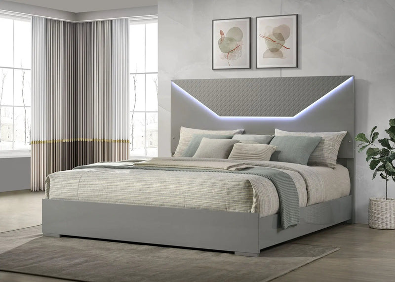 Ives Eastern King Panel Bed LED Headboard Grey High Gloss by Unique Piece Furniture