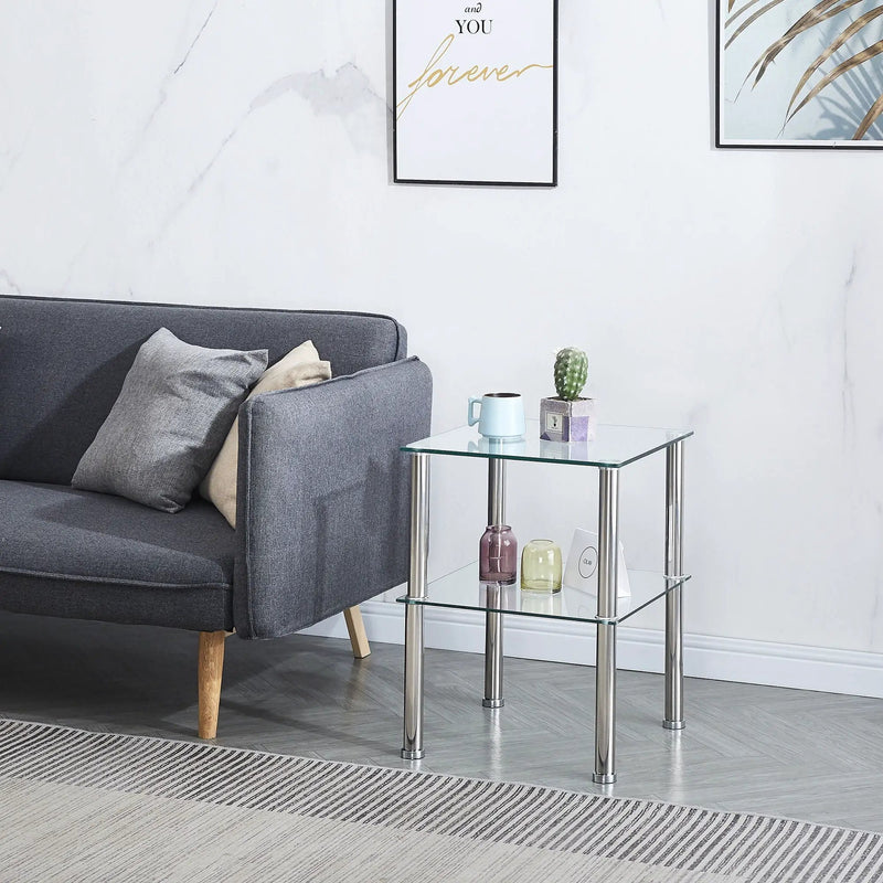 Modern 2 Piece Side Table With Storage Shelf, Tempered Glass, Space Saving Design - Clear by HouseOfZazla
