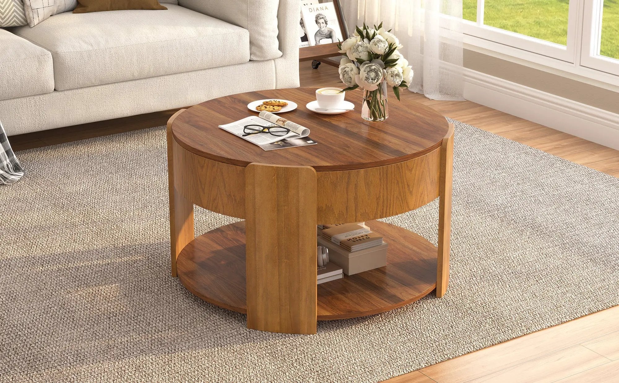 Vibe Haus Farmhouse Round Lift Top Coffee Table with Hidden Storage by HouseOfZazla