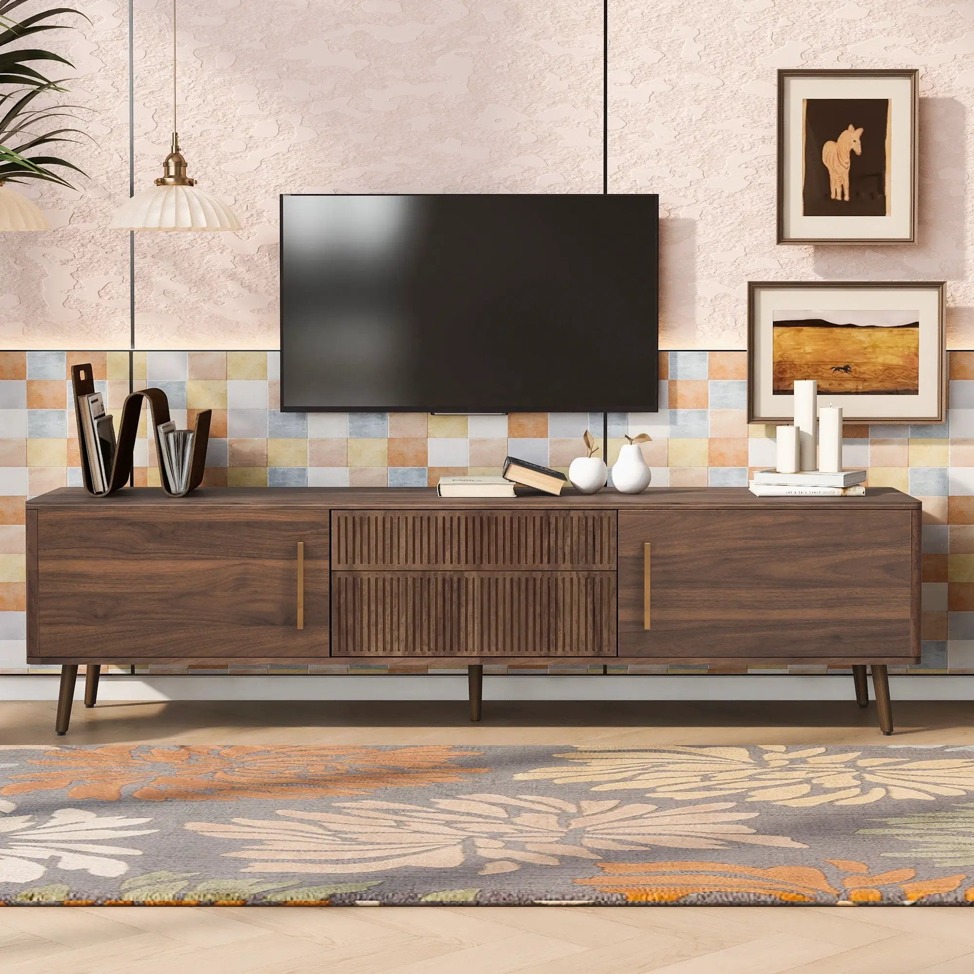 TV Stand With 2 Drawers, Media Console Table For TVs Up To 80'' For Living Room - Walnut by Unique Piece Furniture