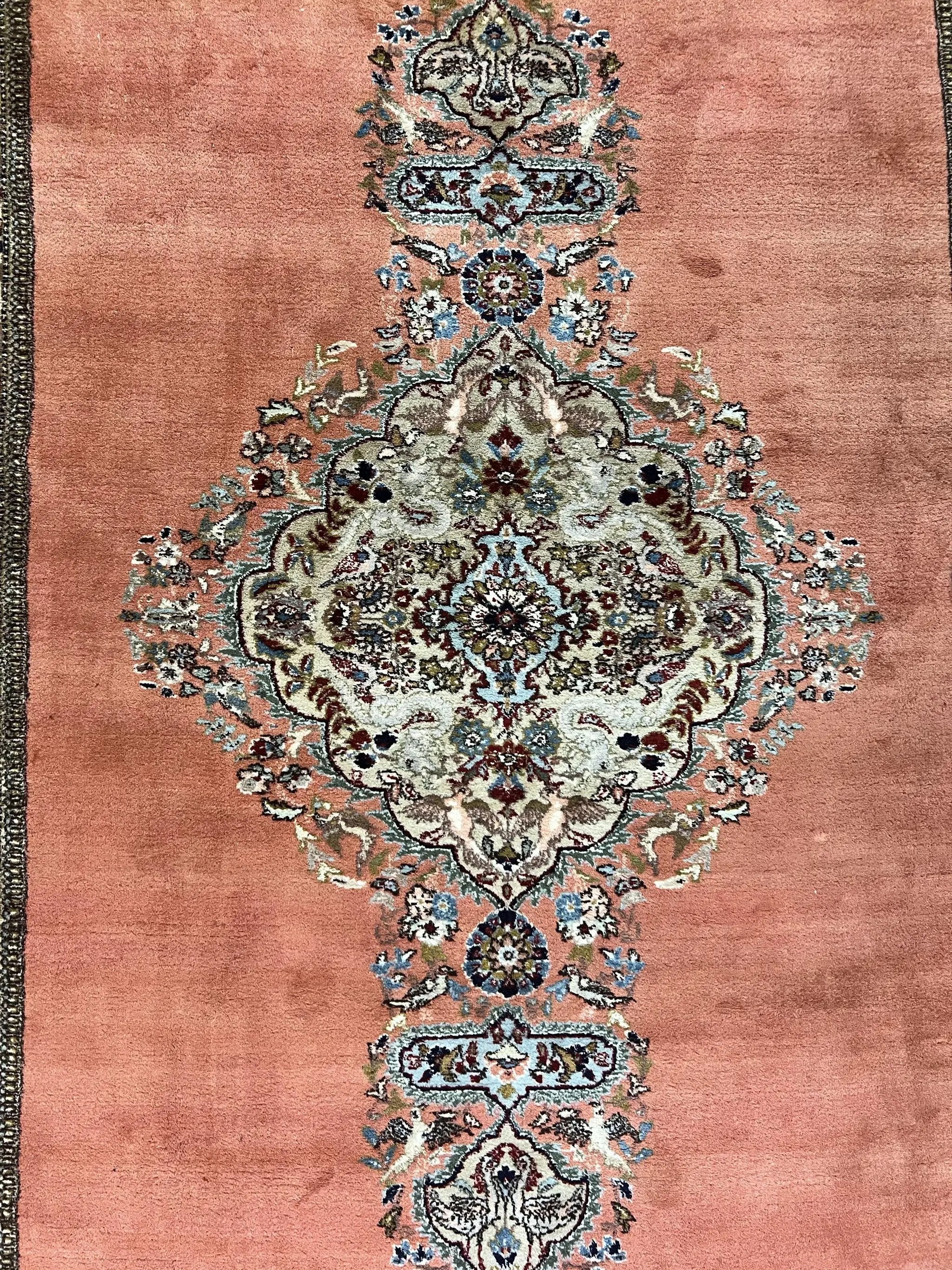 Persian Tabriz Rug 10x13, Wool Hand Knotted Vintage Carpet, Salmon Red & Ivory, Semi Open Field, Birds & Animal Motifs, Large Rug by Jewel Rugs