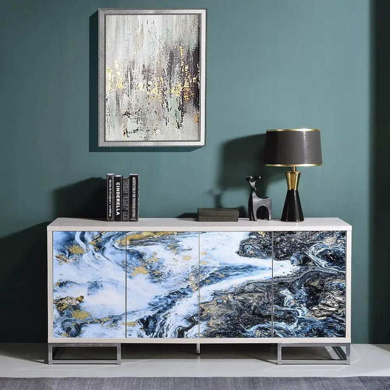 Liam - Console Cabinet - Blue Marble Print & Chrome by Unique Piece Furniture