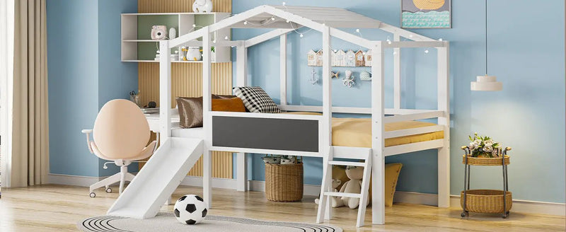 Loft House Bed With Ladder And Slide, With board And Light Strip On The Roof by HouseOfZazla