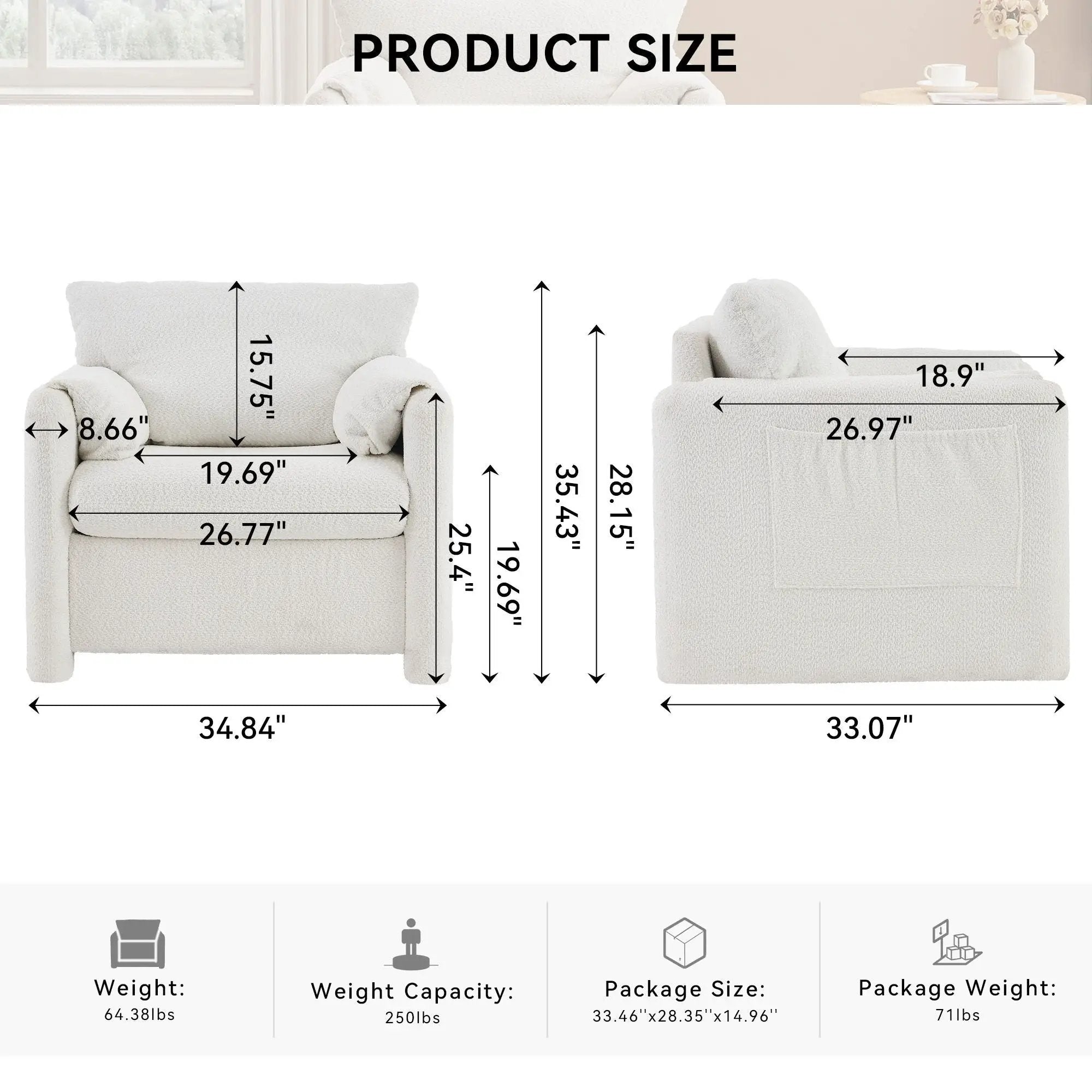 Fixed Modern Accent Chair Single Seater Plush Chenille Lounge Chair With High Resilience Cushion - Ivory White by Unique Piece Furniture