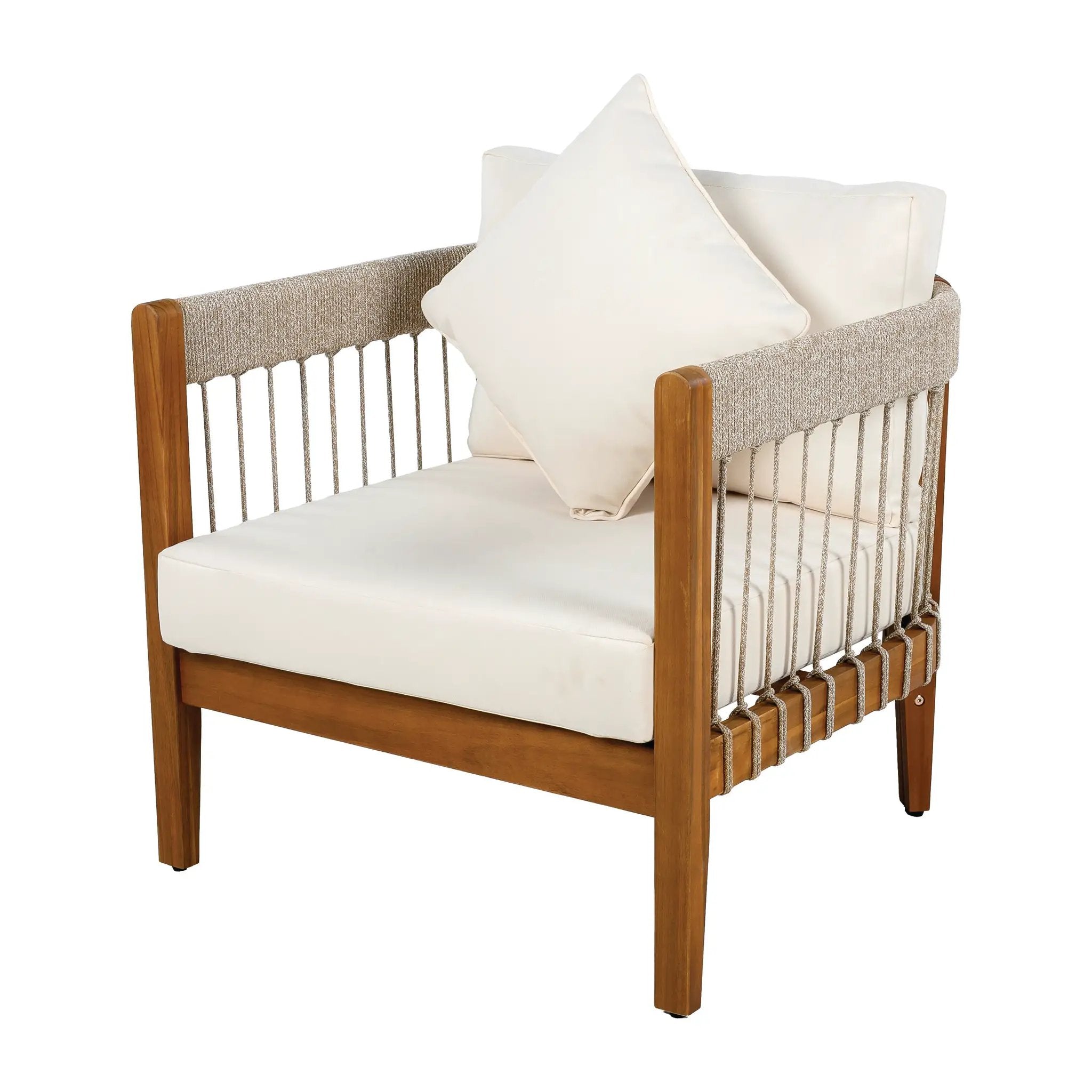 Acacia Wood Outdoor Club Chair with Handwoven Rope Accents & Curved Backrest by HouseOfZazla