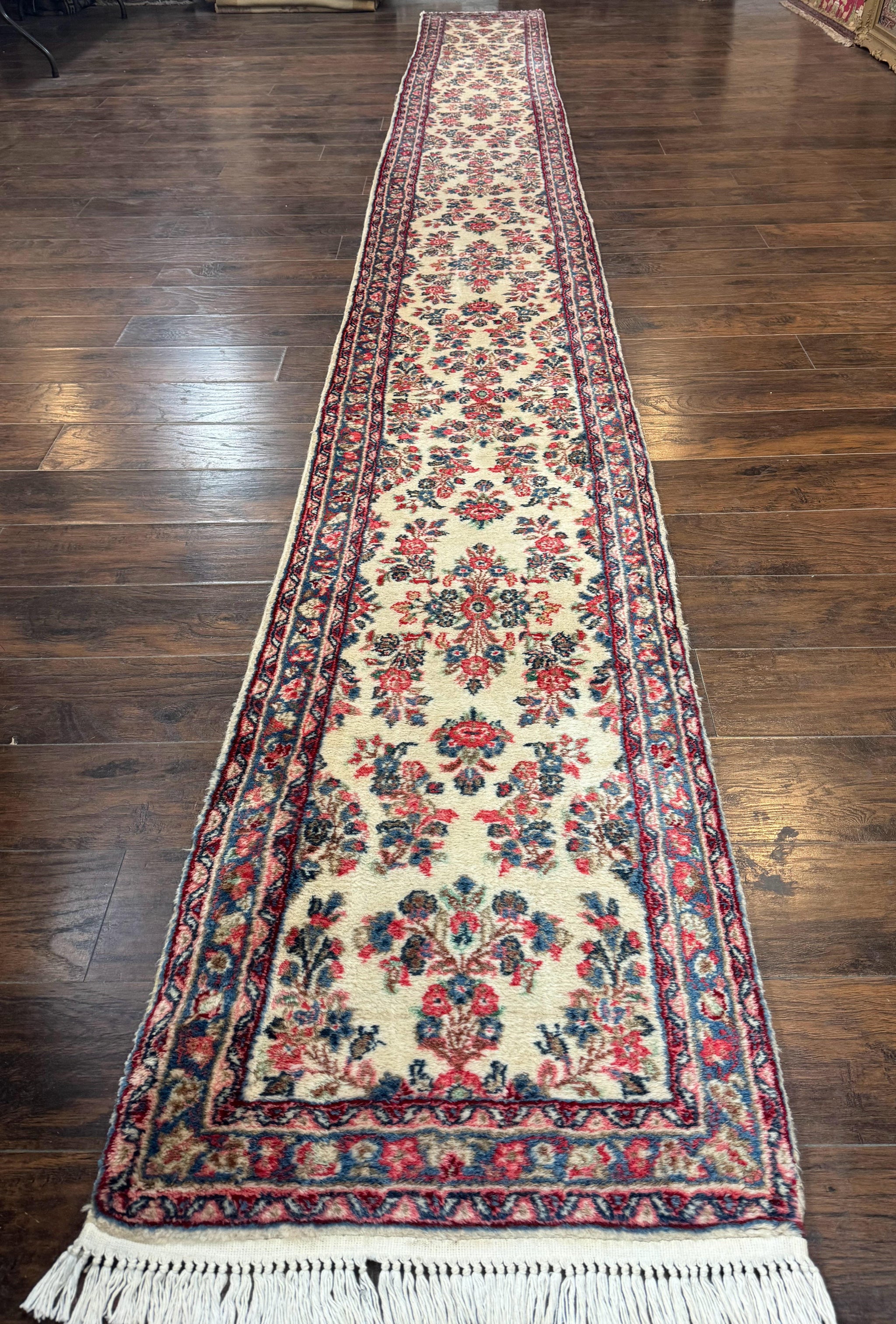 Persian Sarouk Runner Rug 2.4 x 21, Handmade Wool Floral Runner Rug for Hallway, 21ft Runner, Ivory by Jewel Rugs
