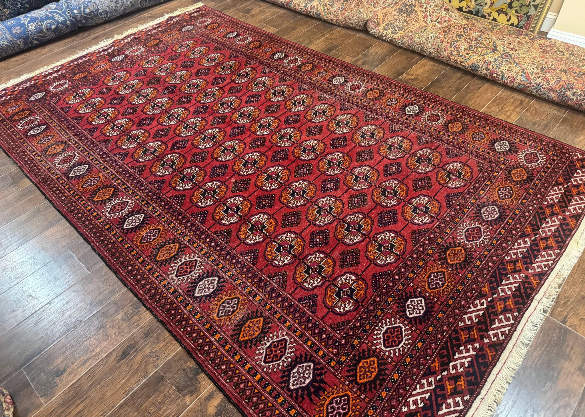 Antique Persian Turkoman Bokhara Rug 7x11, Tribal Rug, Red by Jewel Rugs