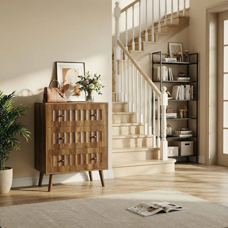 3 Drawer Dresser, Storage Cabinet With Vertical Grooves For Bedroom - Walnut by HouseOfZazla