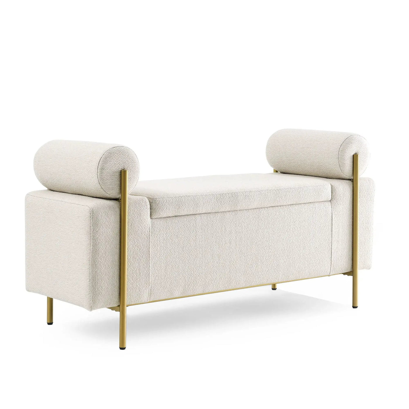 Elegant Upholstered Storage Bench With Cylindrical Arms And Iron Legs, by HouseOfZazla