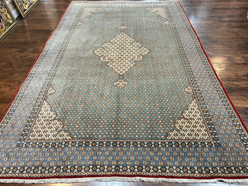 Rare Persian Rug 8x12, Qum Rug, Repeated Star Motifs, Blue and Ivory, Fine 300 KPSI, Hand Knotted Handmade Vintage Wool Rug by Jewel Rugs
