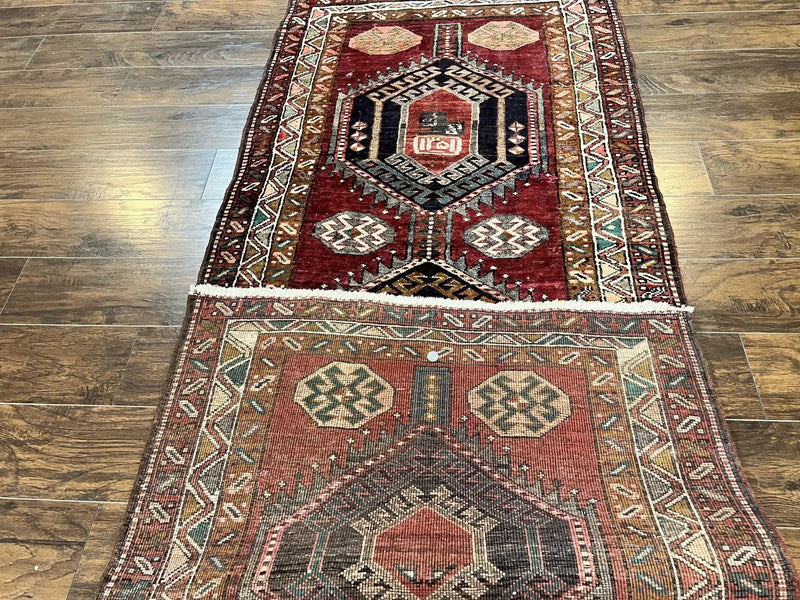 Persian Heriz Runner Rug 3.8 x 8.6, Geometric Design, Large Triple Medallions, Hand Knotted Handmade Vintage Wool Hallway Rug, Red by Jewel Rugs