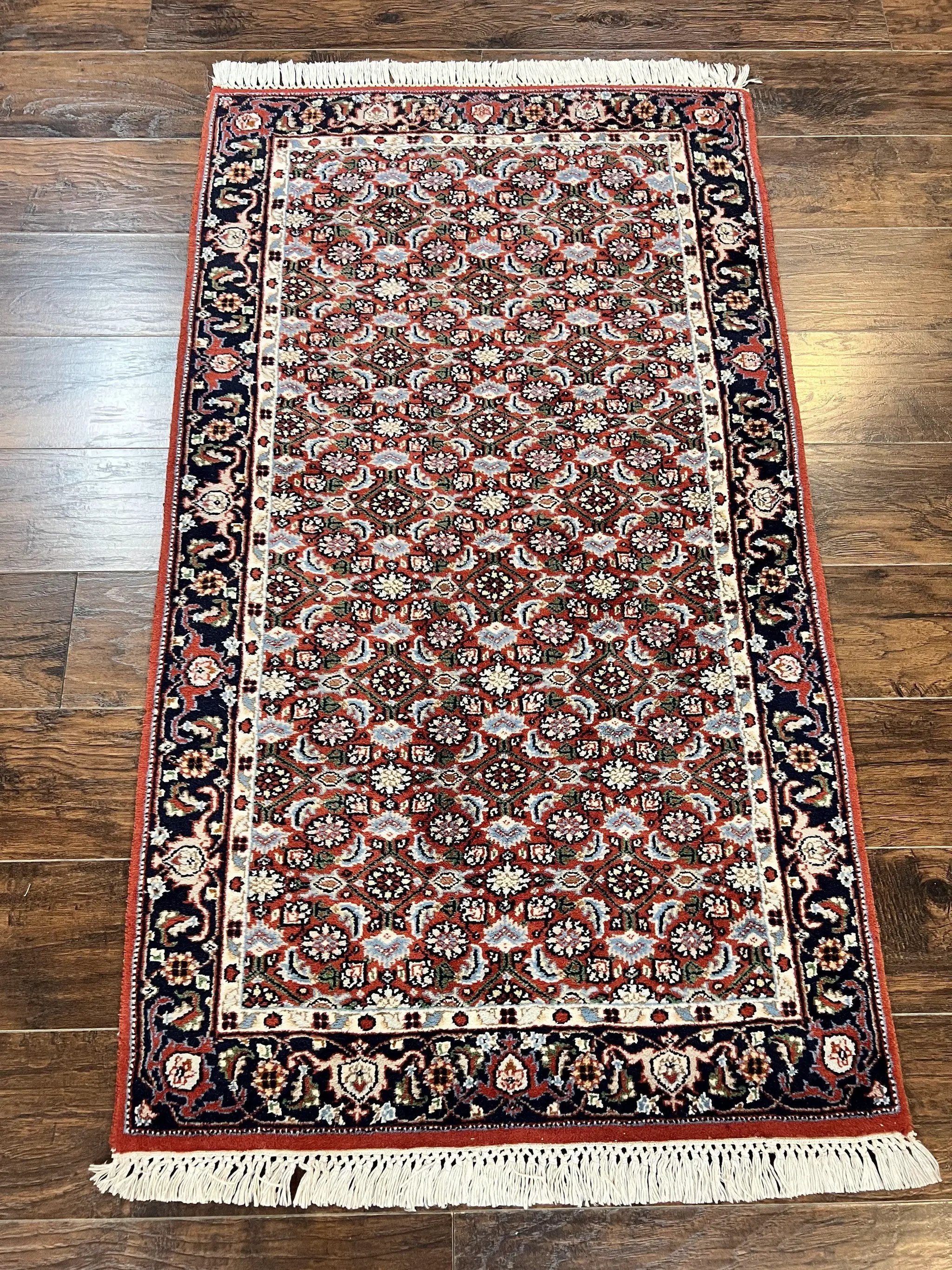 Indo Persian Rug 3x5, Red and Navy Blue, Wool Vintage Handmade Small Carpet 3 x 5 ft, Herati Pattern, Bidjar Rug by Jewel Rugs