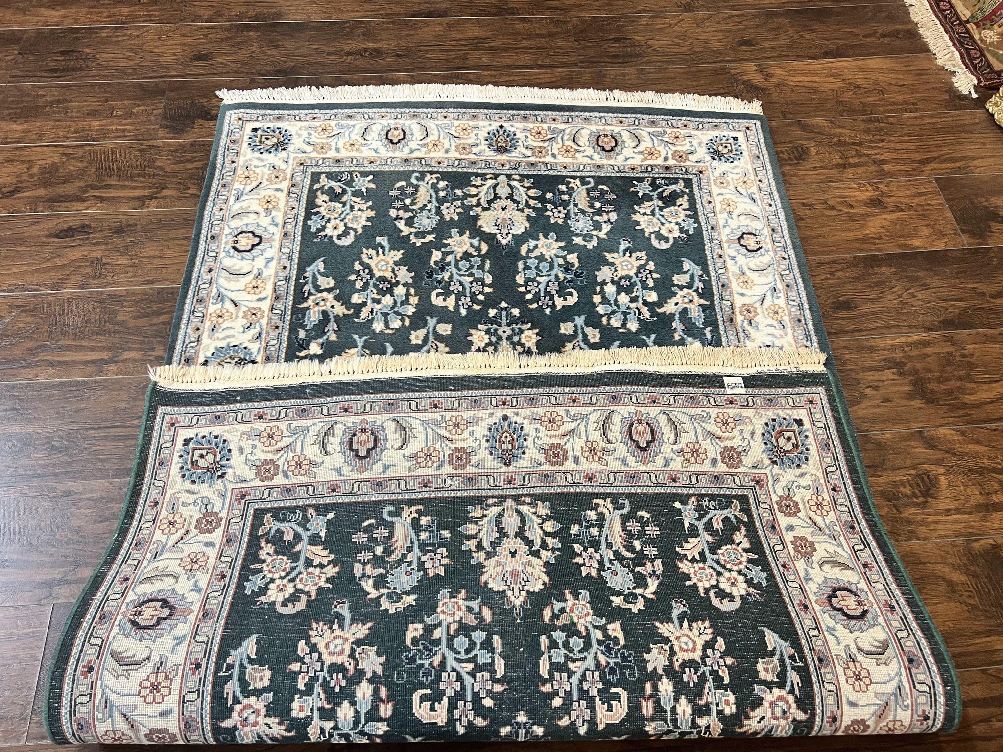 Green Indo Persian Rug 4x6, Floral Allover, Handmade Vintage Oriental Carpet, Sarouk Rug, Wool by Jewel Rugs