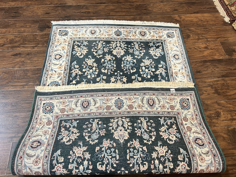 Green Indo Persian Rug 4x6, Floral Allover, Handmade Vintage Oriental Carpet, Sarouk Rug, Wool by Jewel Rugs