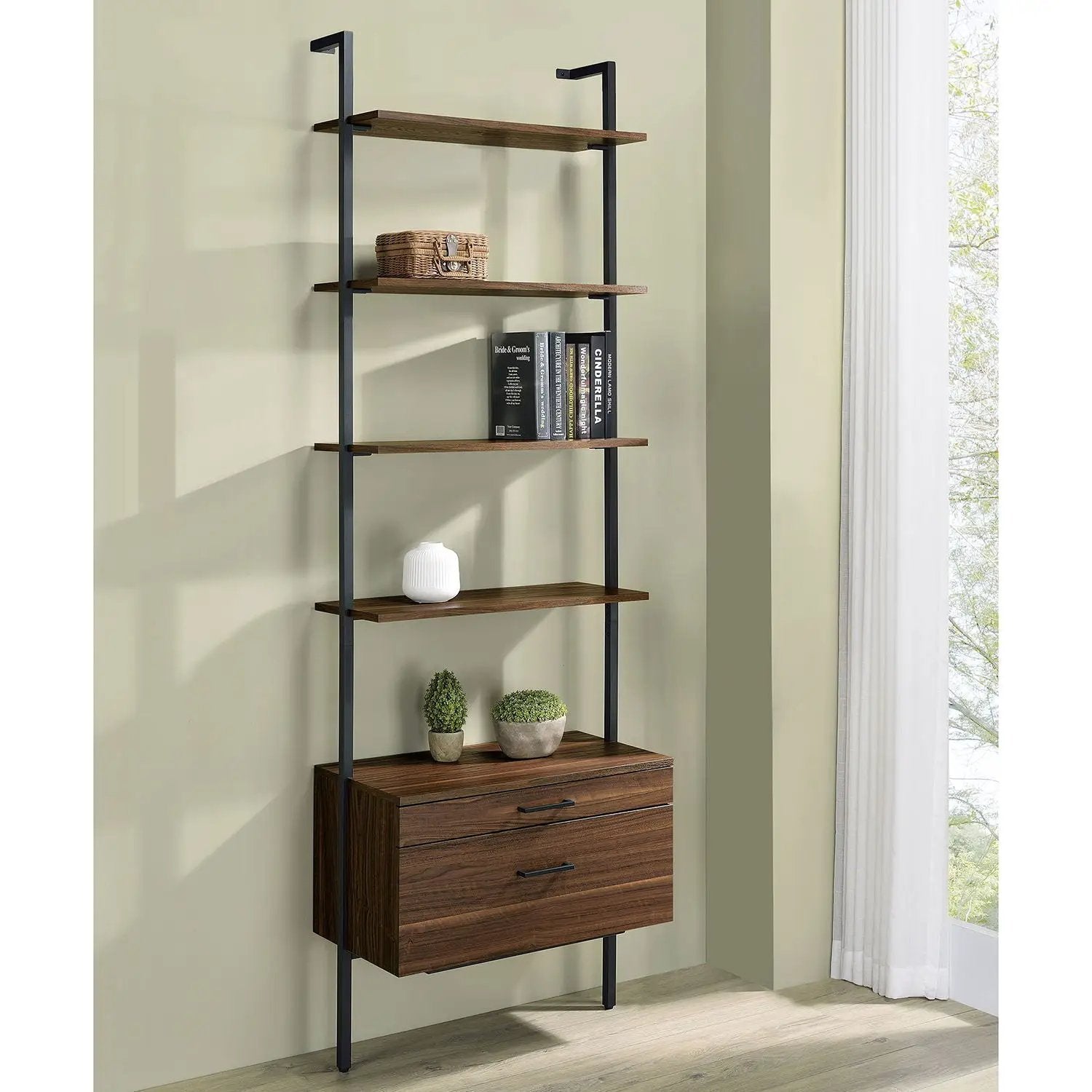 Wendell - 4 Shelf Storage Wall Bookshelf - Walnut by HouseOfZazla