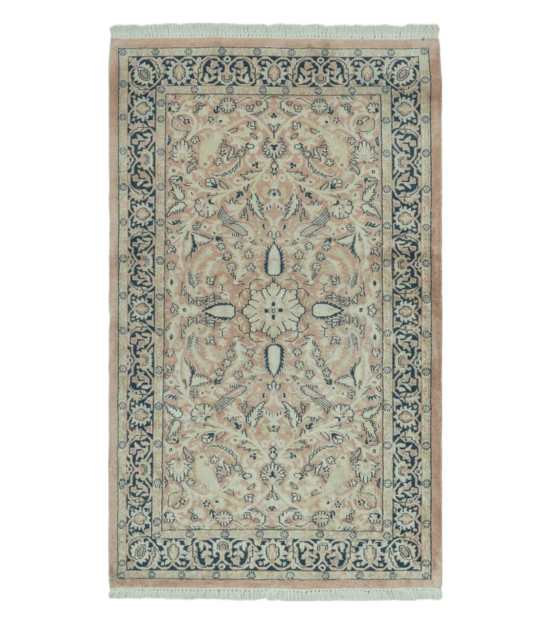 Indian Silk Rug 4x6, Indian Kashmiri Silk Carpet 4 x 6 ft, Vintage Hand Knotted Floral Bird Motifs, Light Pink and Navy Blue, Silk on Cotton by Jewel Rugs