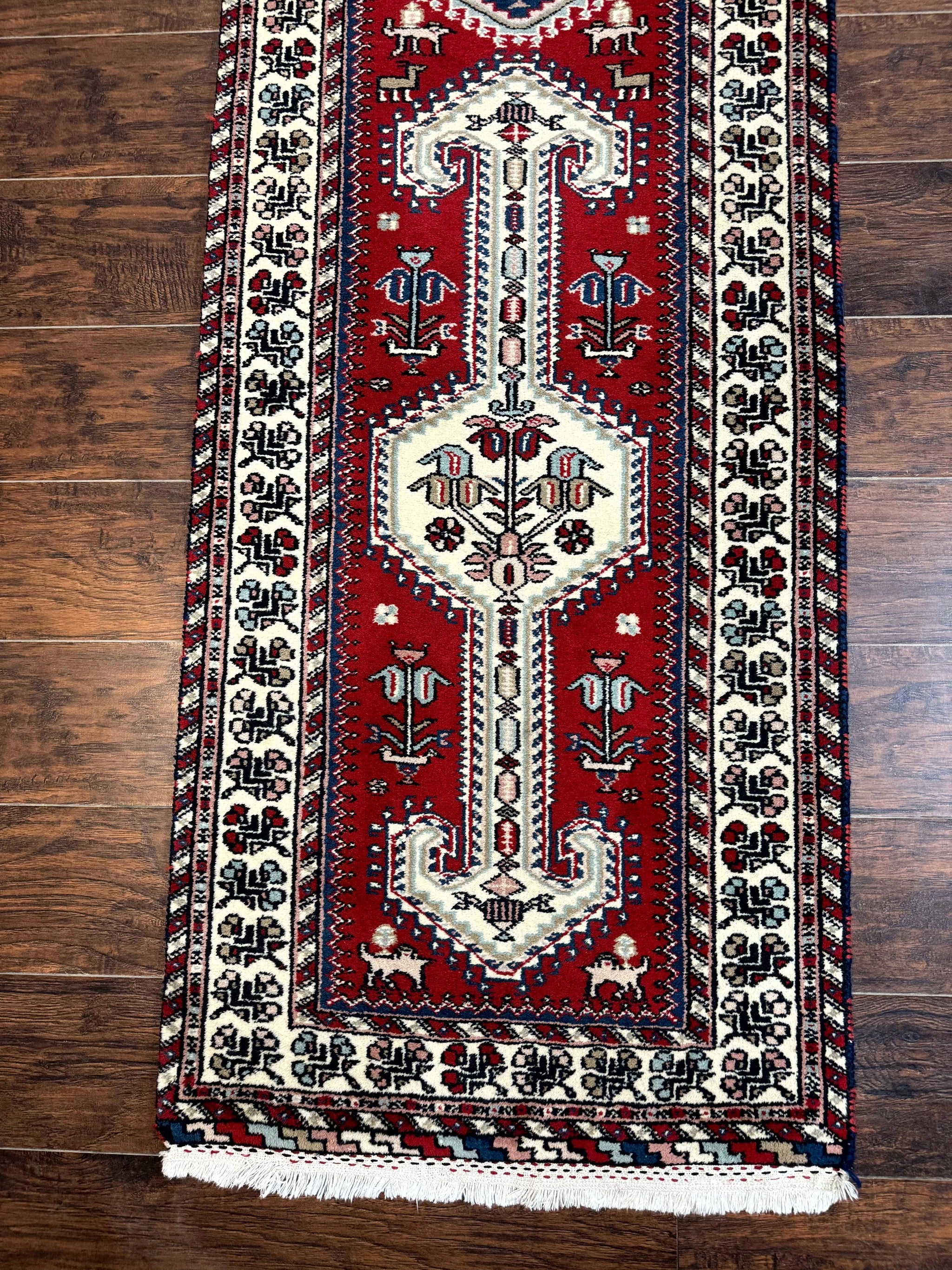 Indo Persian Runner Rug 2.6 x 12, Heriz Geometric Caucasian Design, Animal Pictorials, Tribal Runner Rug, Vintage Handmade Wool Red by Jewel Rugs