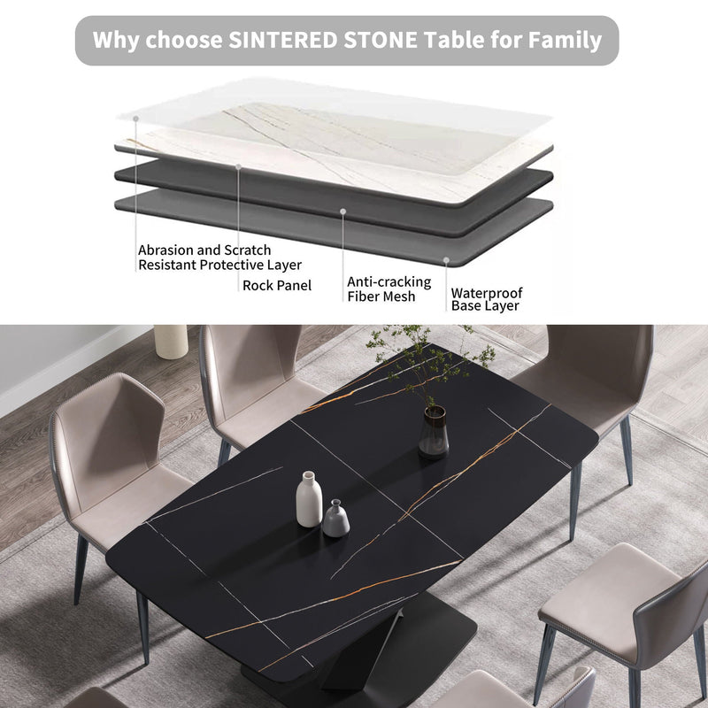 63" Artificial Stone Black Curved Black Metal Leg Dining Table - Black by HouseOfZazla