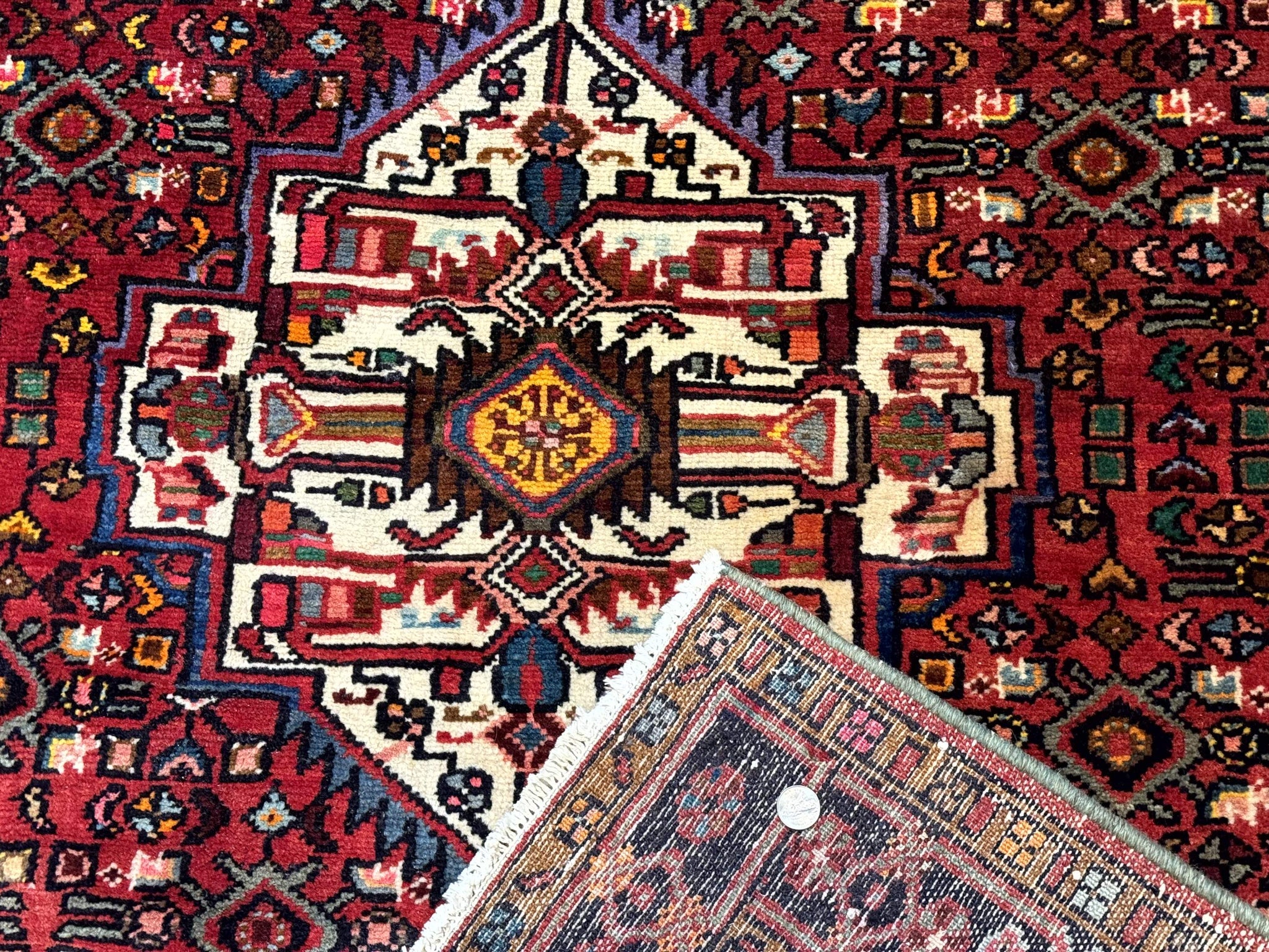 Persian Hamadan Rug 4x7, Tribal Village Malayer Carpet, Red and Ivory, Bohemian Antique by Jewel Rugs